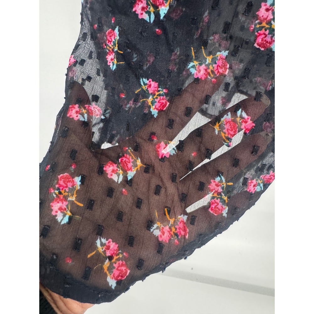 Free People Floral Swiss Dot Blouse Womens L Black Sheer Boho Cottage Romantic - Picture 3 of 11